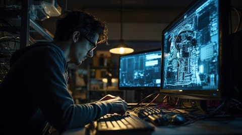 A technician working on a computer in a pre-media service lab.