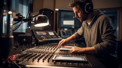 An entertainment executive in a recording studio, cutting a record for the next hit song.