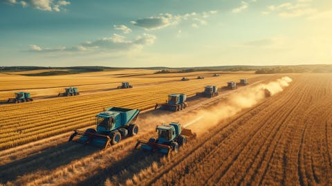 An aerial view of a large harvesting field, with a fleet of vehicles in the distance.