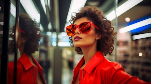 A fashion-forward woman trying on a pair of sunglasses in the store mirror.