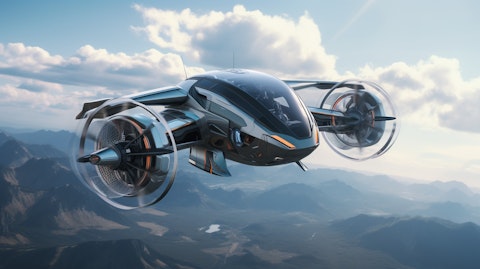 A futuristic electric vertical takeoff and landing aircraft soaring through the sky.