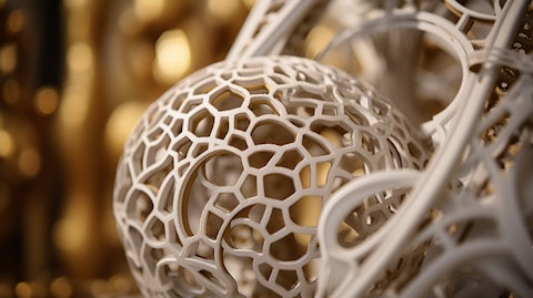 A close-up of a 3D printed object, showcasing the intricacies of the 3D printing materials.