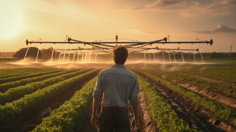A farmer standing in a field with a modern irrigation system in the background.