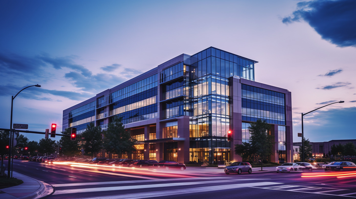 An office building lit up at dusk, representing the bank's commitment to small business development.