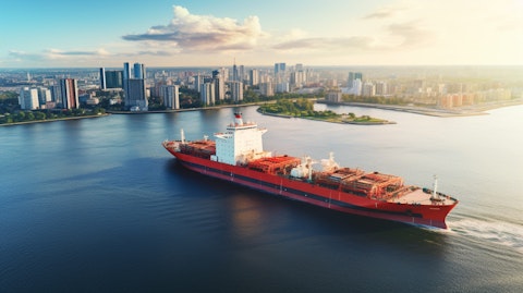 A modern seaborne tanker off the coast of a major metropolitan city, transporting liquefied petroleum gas.
