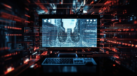 A close-up of a computer monitor showing a dynamic network of cyber security components.