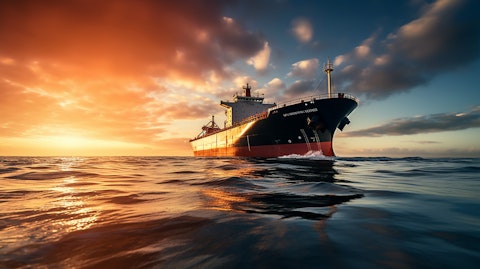 A tanker filled with petroleum products, sailing through a calm sea.