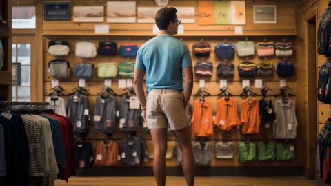 A customer trying on the style and comfort of the outdoor lifestyle brand's swim trunks and casual shorts.
