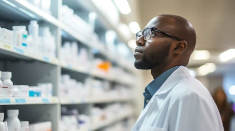 A pharmacist in a hospital pharmacy stands next to a row of various drug containers.