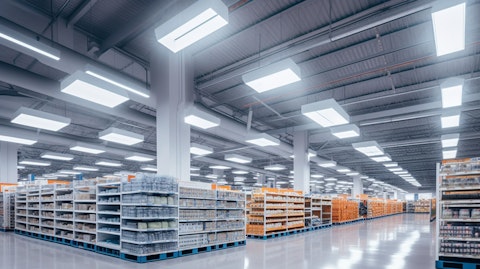 A modern retail space with racks of brand-name products, bright fluorescent lights illuminating the aisles.