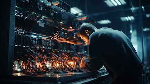 A computer network engineering team setting up a server array in a data center.