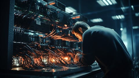 A computer network engineering team setting up a server array in a data center.