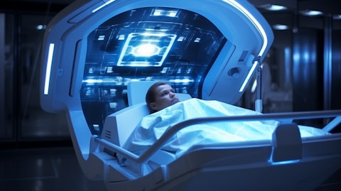 A patient undergoing radiation therapy for a tumor in a hospital setting.