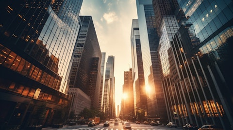 A photograph of a busy financial district in a major city with tall skyscrapers.