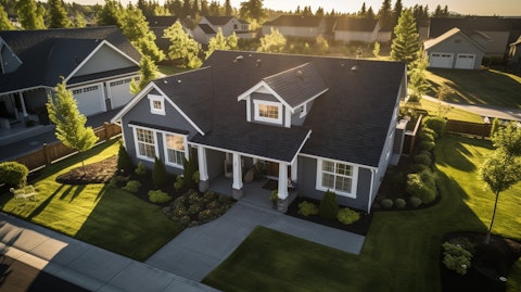 Aerial view of a newly-constructed residential home in a suburban neighborhood.