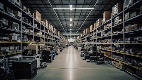 The facility foor, filled with shelves of finished electronics components, ready to be shipped.