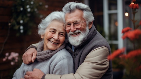An elderly couple with their arms around each other, holding a frame of life insurance.