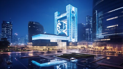 An architectural view of premium-branded hotels with the iconic company logo illuminated in the evening.