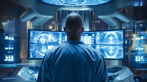 A radiologist monitoring the progress of radiation therapy on a patient.