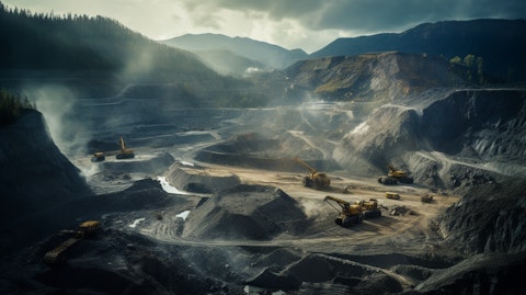 An open pit mine with heavy excavation machinery toiling away against the backdrop of a hidden valley.