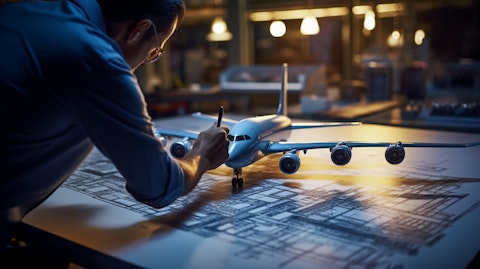 An engineer examining a detailed blueprint of an aircraft.
