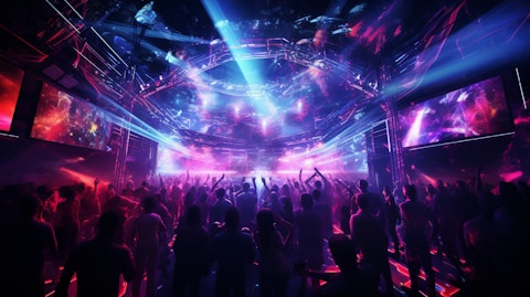 A bustling nightclub filled with energy, illuminated by mesmerizing lights and the thumping beat of the dance music.