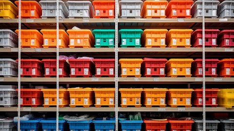 Rows of shelves stocked with containers for consumer goods, showing the broadness of the company's selection.