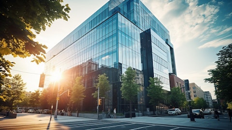 An exterior view of an upscale building in a busy urban area, showcasing the company's real estate investments.