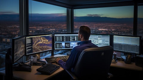 An employee at a Colorado Springs office using cutting-edge communication technology.