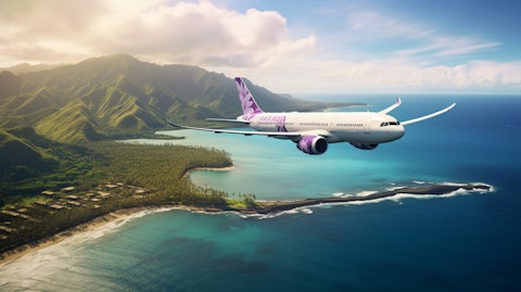 An aerial view of a Hawaiian Airlines plane flying high overhead, with a stunning view of an island below.