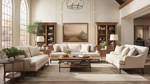 A spacious living room showcasing the upholstery and case goods furniture of the Ethan Allen brand.