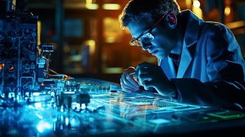 A biomedical researcher in a laboratory examining an integrated fluidic circuit.