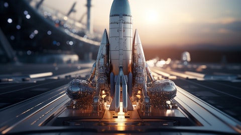 A closeup of a spacecraft in launch position, ready for takeoff.