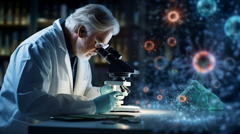 A scientist examining a model of a virus under a microscope, highlighting the scientific research behind preventive biologics.