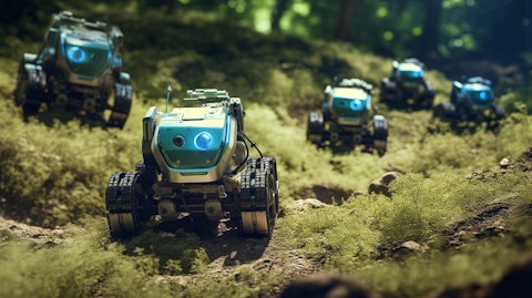 A group of robotic vehicles navigating a terrain autonomously utilizing the company's 3D vision technology.