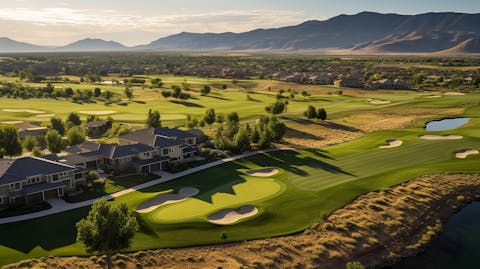 Aerial view of a newly-developed residential community with homesites and golf courses.