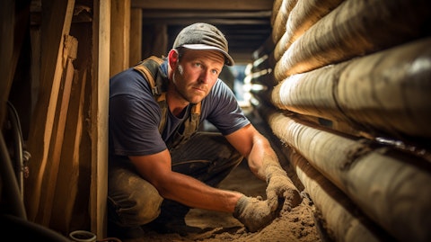 A plumber crouched in a crawlspace, working on a pipe repair project for residential construction.