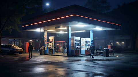 A busy convenience store with customers stocking up on fuel and merchandise.