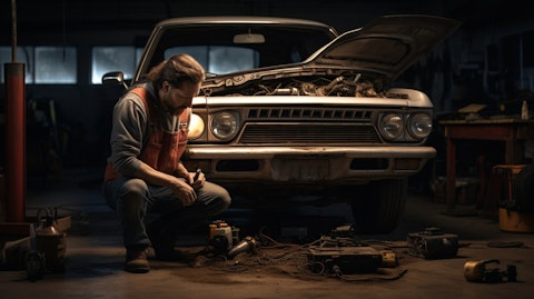 A used vehicle being serviced by a mechanic, all the parts to keep it running optimally seen in the background.