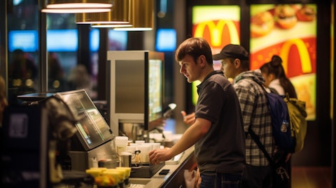A close-up of customers ordering from a McDonald's restaurant in Latin America.