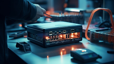 A close-up of a cellular router being tested and debugged in a laboratory setting.