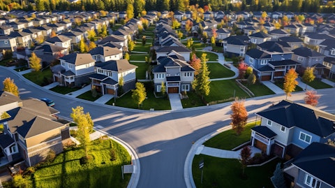 A bird's eye view of modern single-family rental homes in a suburban neighbourhood.