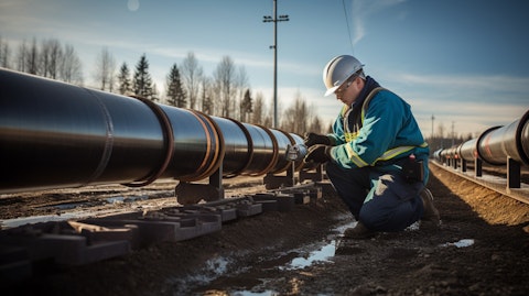 A technician inspecting a gas pipeline, symbolizing the security of a regulated gas utility company.