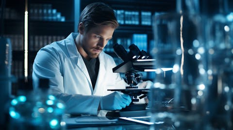 A scientist studying a DNA sample under a microscope in a laboratory.