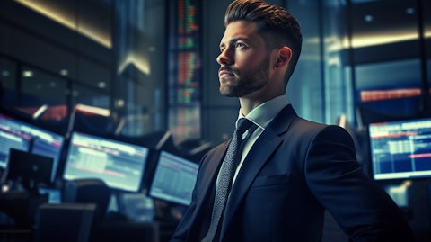 A confident businessman in a sharp suit and tie overlooking a financial trading floor.