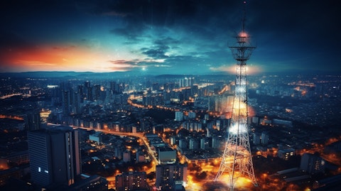 A close-up of a telecom tower amid a backdrop of urban skylines, symbolizing the growth and development of telecommunications services.