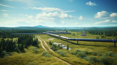 A bird's eye view of a natural gas pipeline stretching across the landscape.