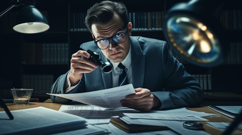 A forensic accountant with a magnifying glass examining details of the financial reports.