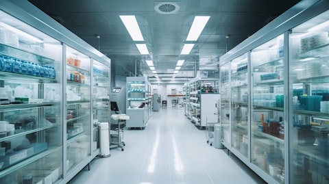 A pharmaceutical laboratory filled with shelves of medicines, highlighting the company's specialty drug production.