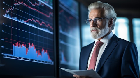 A senior investment banker in a tailored suit with a financial market graph chart in the background.